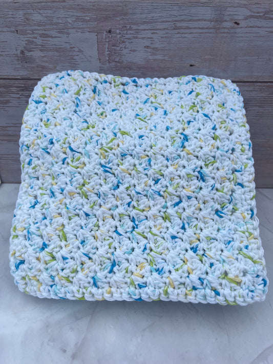 Cotton Dish Cloth - Variegated Green, Blue Yellow and White