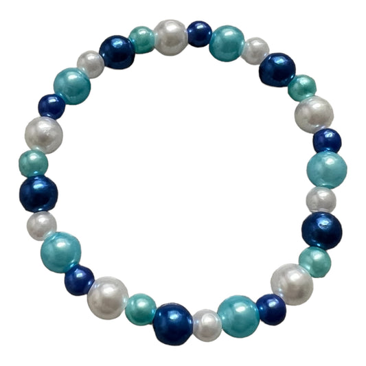 Acrylic Pearl Stretch Bracelet - Blue, Light Blue, White