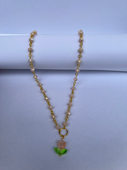 Glass Beaded Necklace - Spring Peach Flower