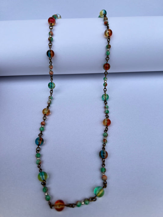 Glass Beaded Necklace - Orange/Blue/Aqua