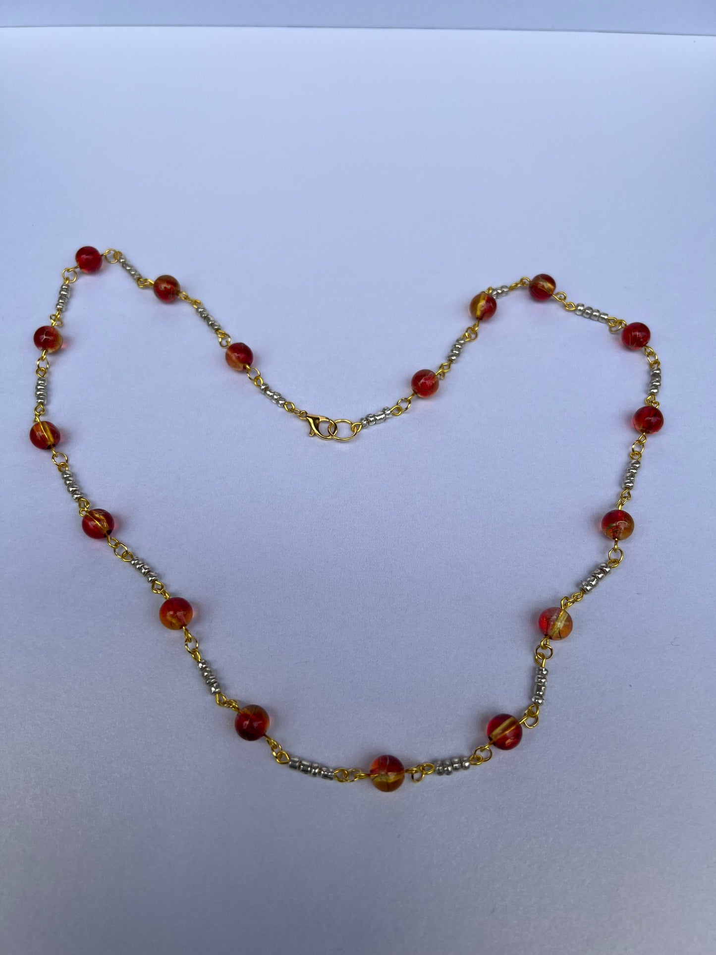 Glass Beaded Necklace - Red/Orange