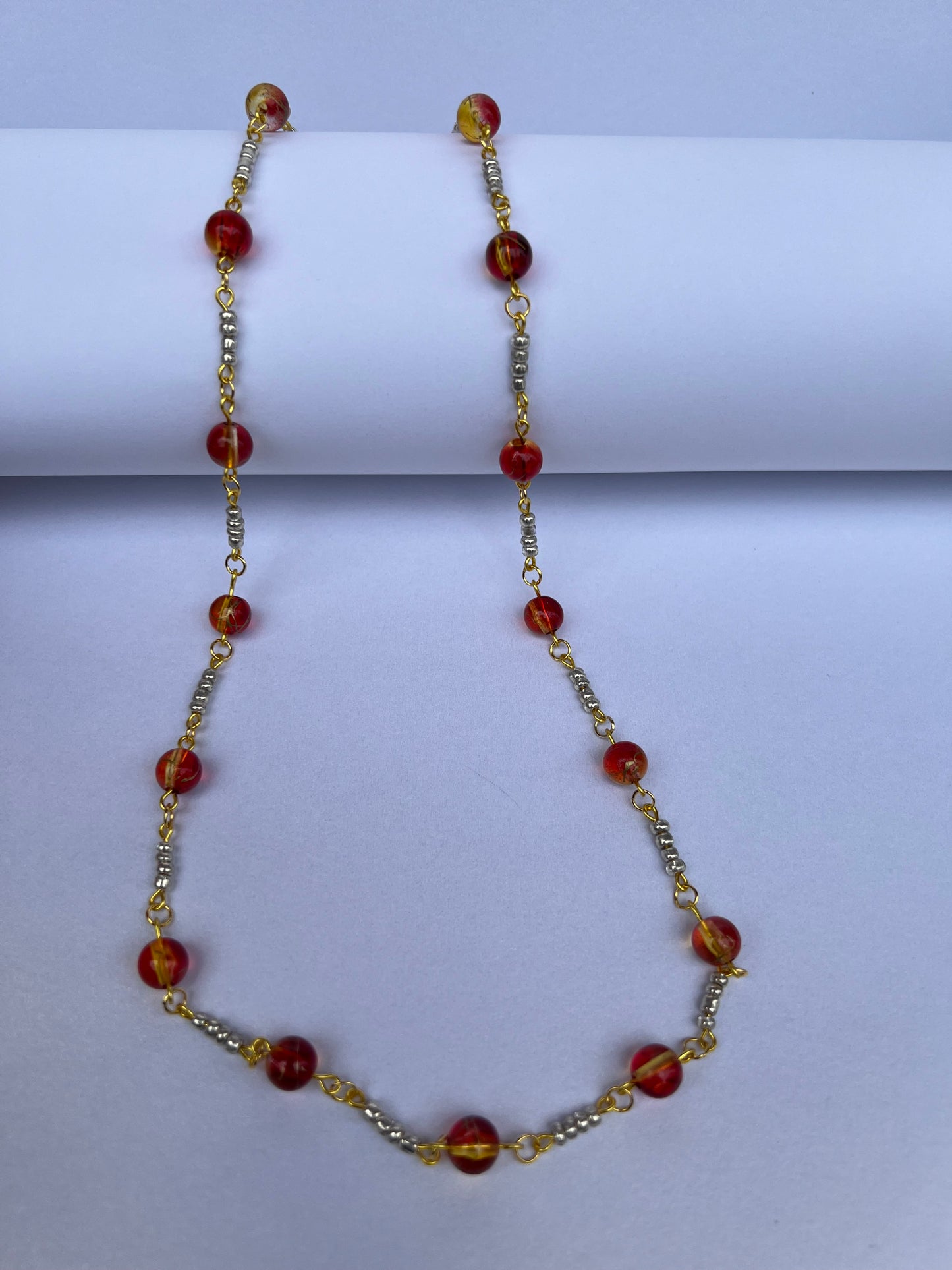 Glass Beaded Necklace - Red/Orange