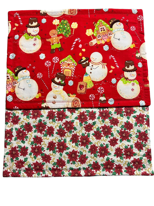 Set of 2 Reversible Placemats - Ginger Bread Men, Snowmen/Poinsettias