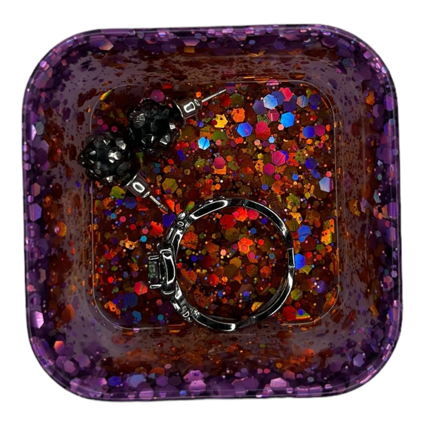 Square Trinket Tray - Purple/Orange Glitter