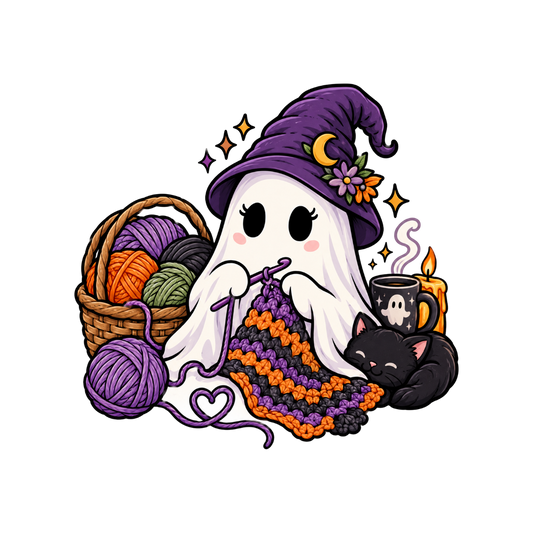 Cozy Crochet Halloween Ghost and Cat Sticker